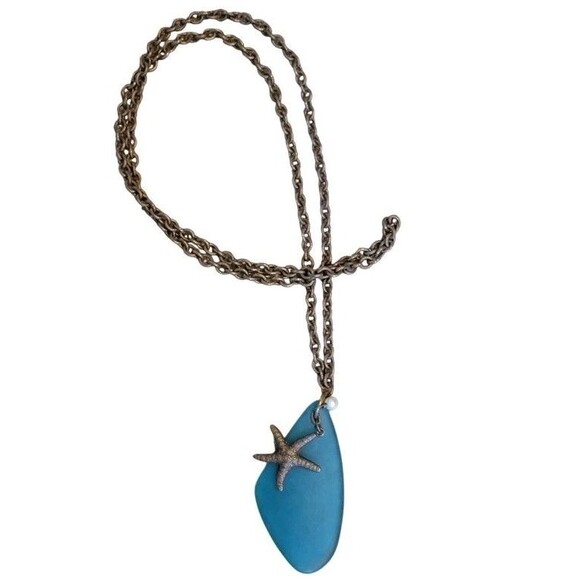 Large Deep Teal Sea Glass Starfish & Faux Pearl Pendant Necklace Ocean Jewelry - Picture 2 of 6